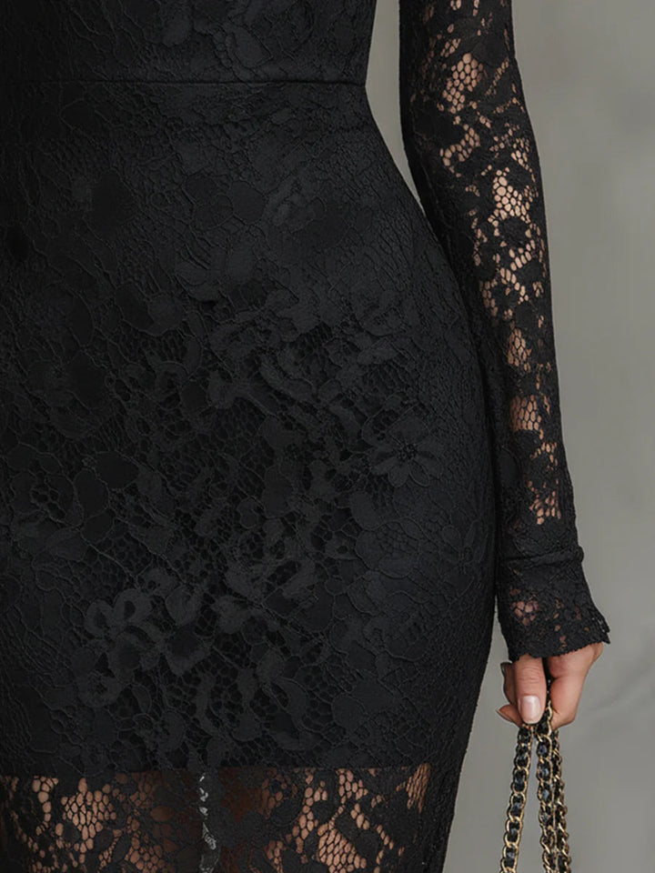 Vicky | Elegant Black Stretchy Lace Fishtail Maxi Dress