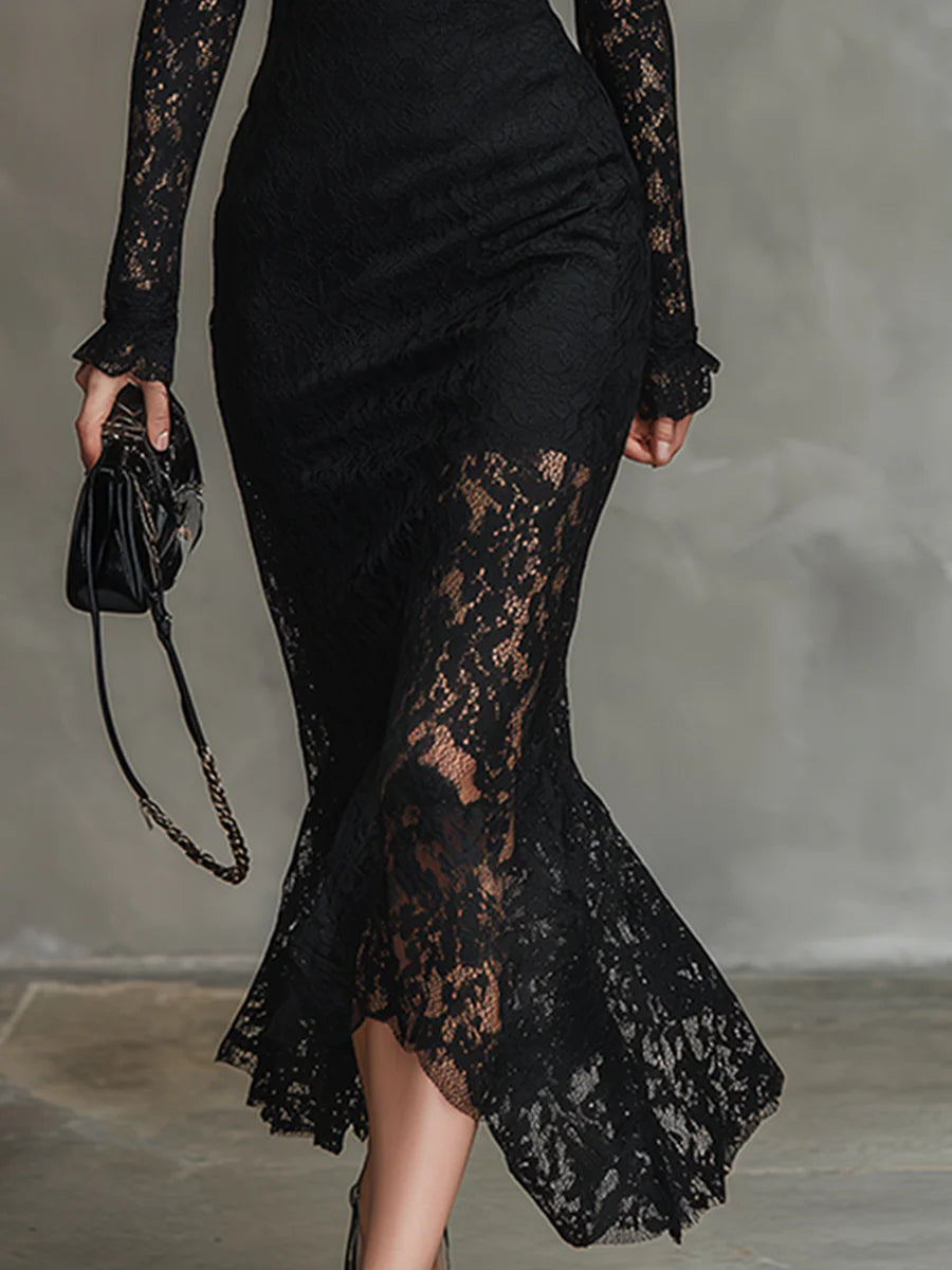 Vicky | Elegant Black Stretchy Lace Fishtail Maxi Dress
