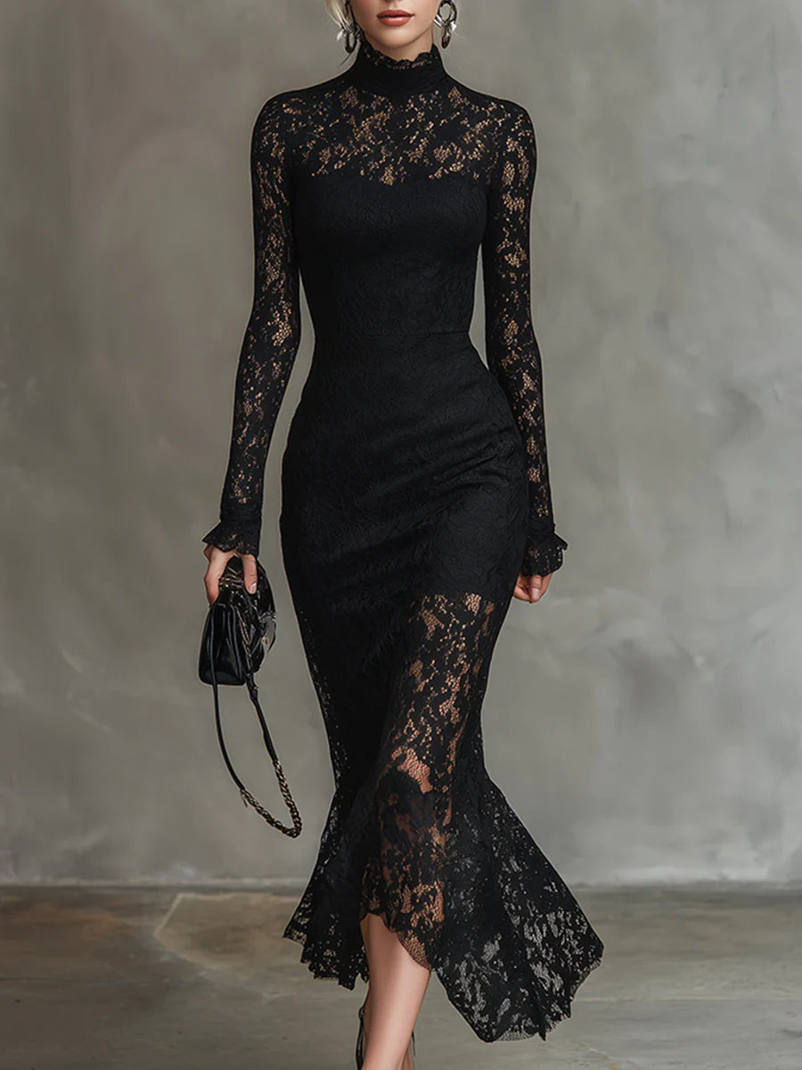 Vicky | Elegant Black Stretchy Lace Fishtail Maxi Dress