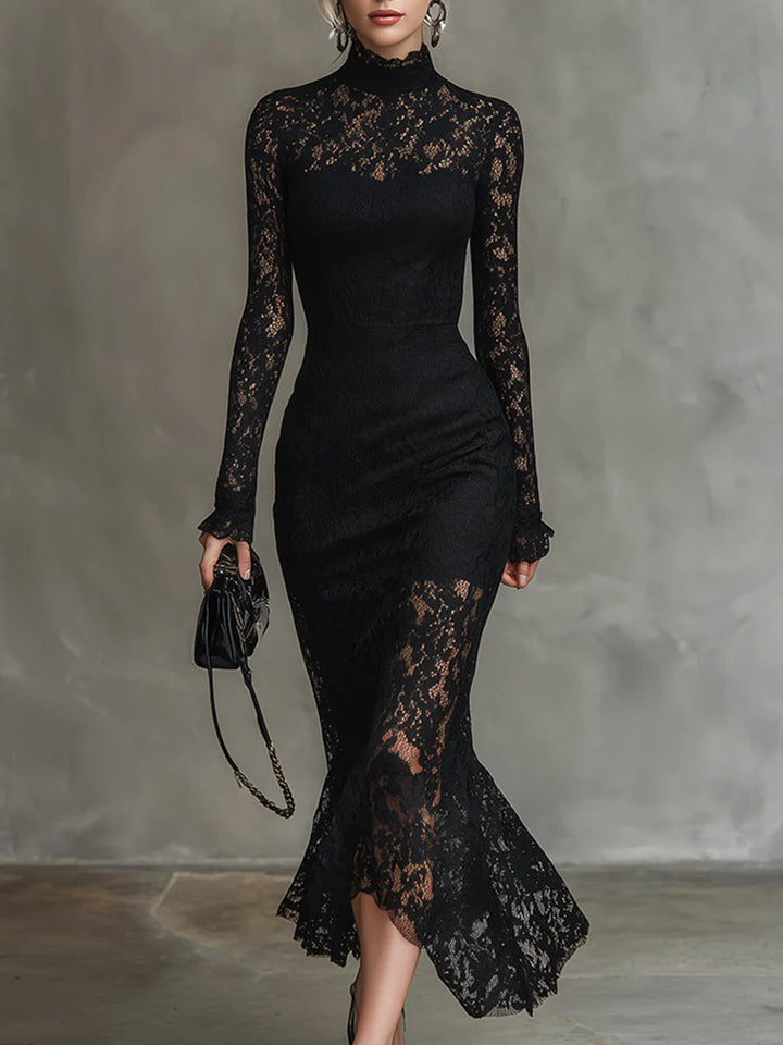 Vicky | Elegant Black Stretchy Lace Fishtail Maxi Dress