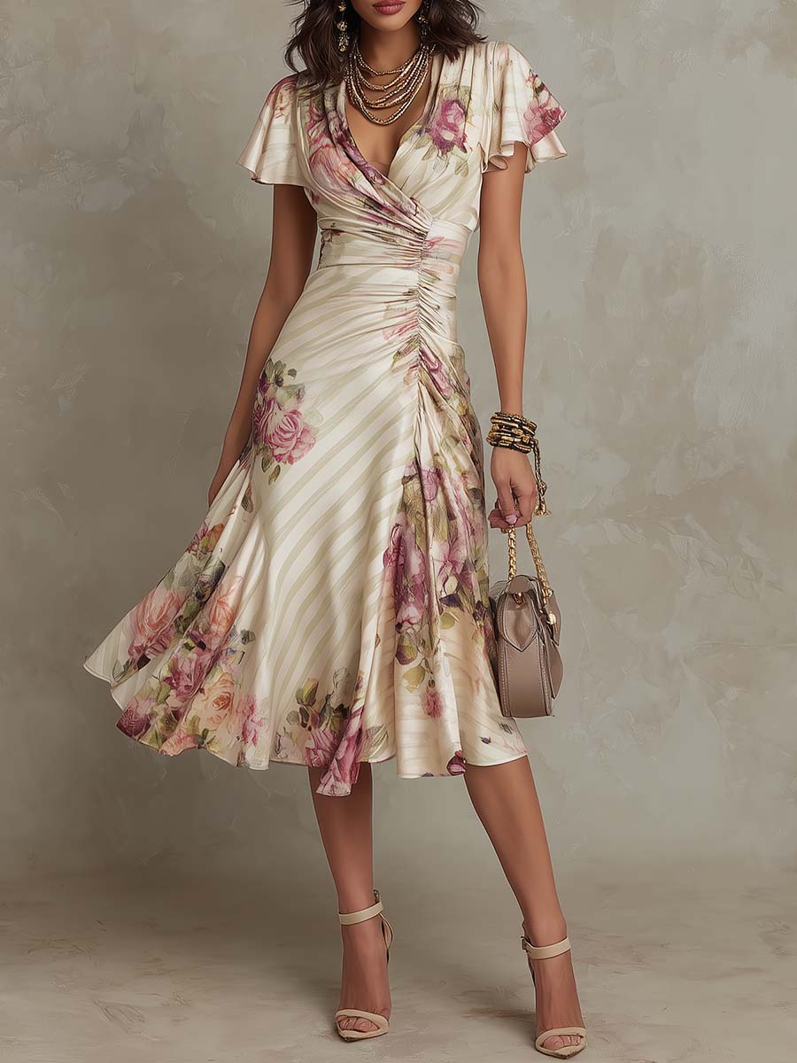 Charleigh | Vintage Floral Satin Midi Dress