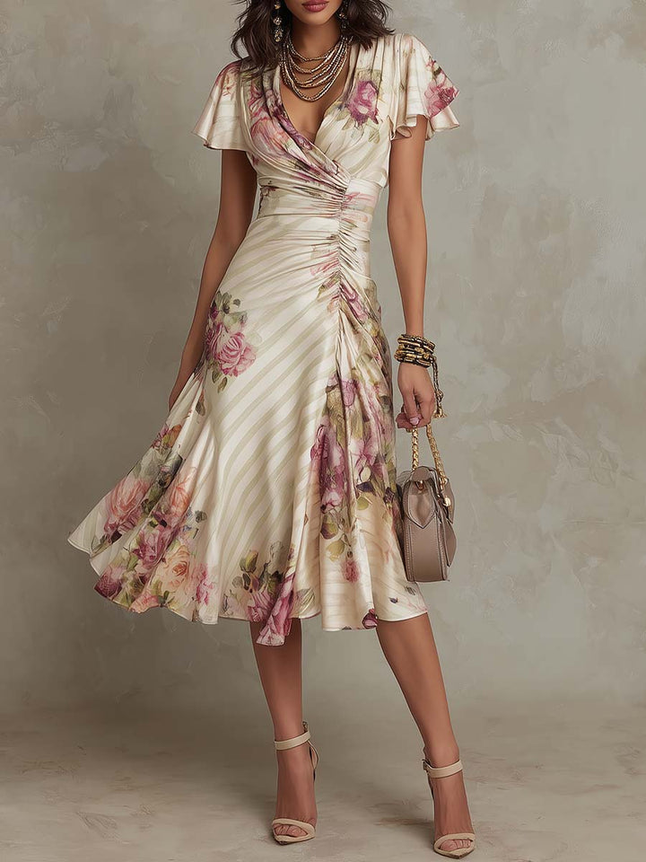 Charleigh | Vintage Floral Satin Midi Dress