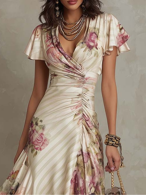 Charleigh | Vintage Floral Satin Midi Dress