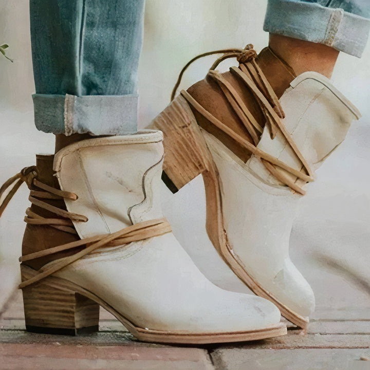 Milana | Ankle Boots – Leather – Western Style – Block Heel – Wrapped Lacing Detail