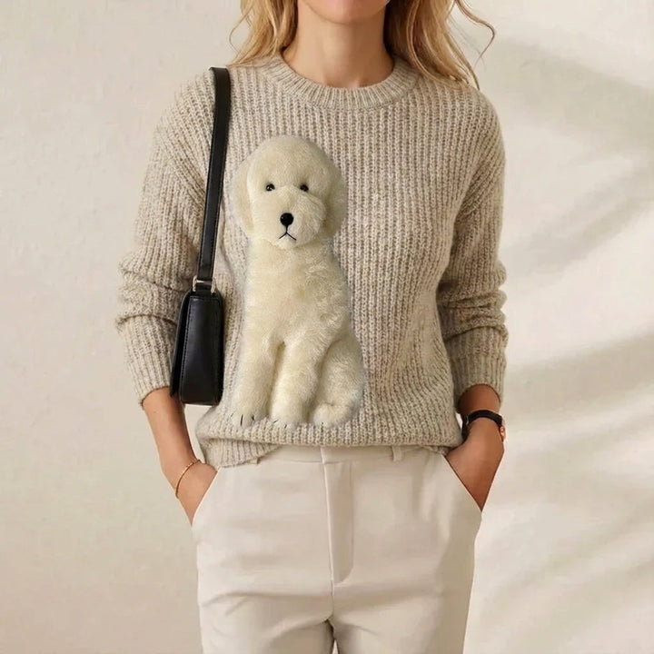 Charlene – Ribbed Knit Sweater with Puppy Motif