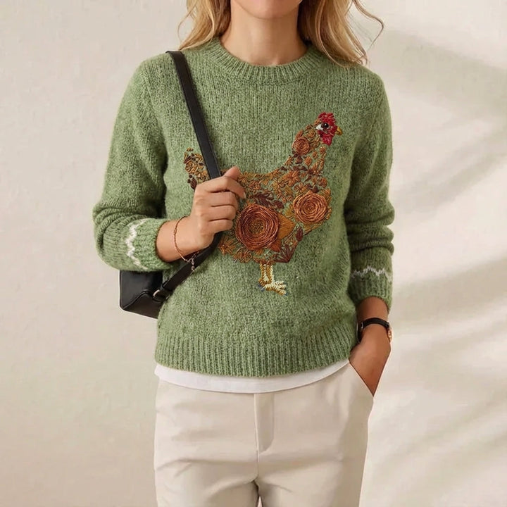 Cherie – Floral Hen Embroidered Knit Sweater