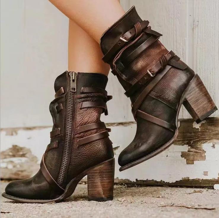 Makenzy | Leather Ankle Boots - Slouchy Distressed Design - Buckle Straps - Block Heel