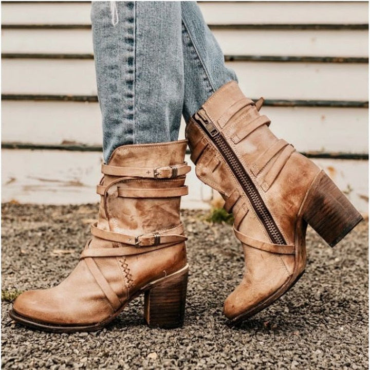 Makenzy | Leather Ankle Boots - Slouchy Distressed Design - Buckle Straps - Block Heel