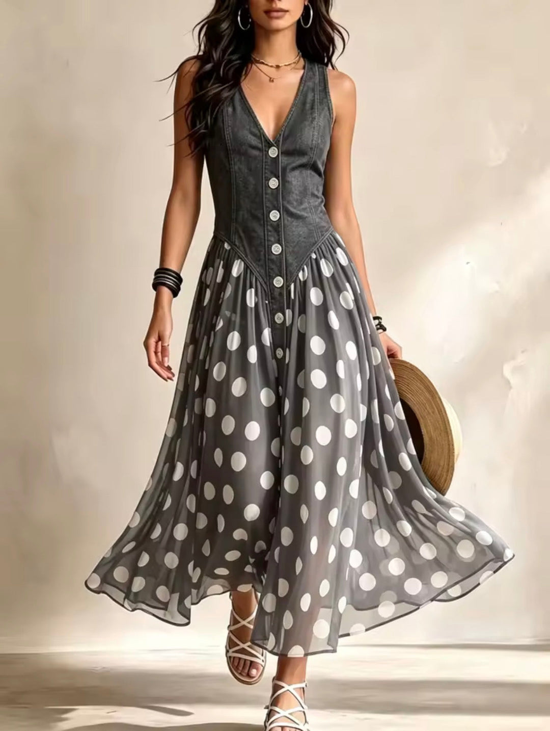 Penny – Denim Bodice Polka Dot Midi Dress