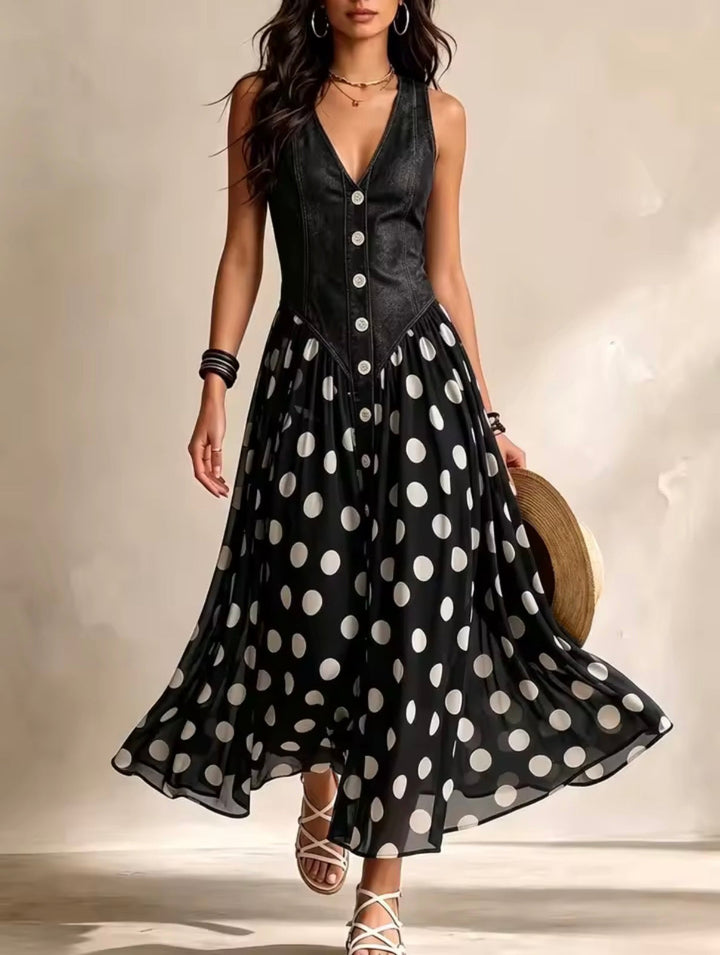 Penny – Denim Bodice Polka Dot Midi Dress