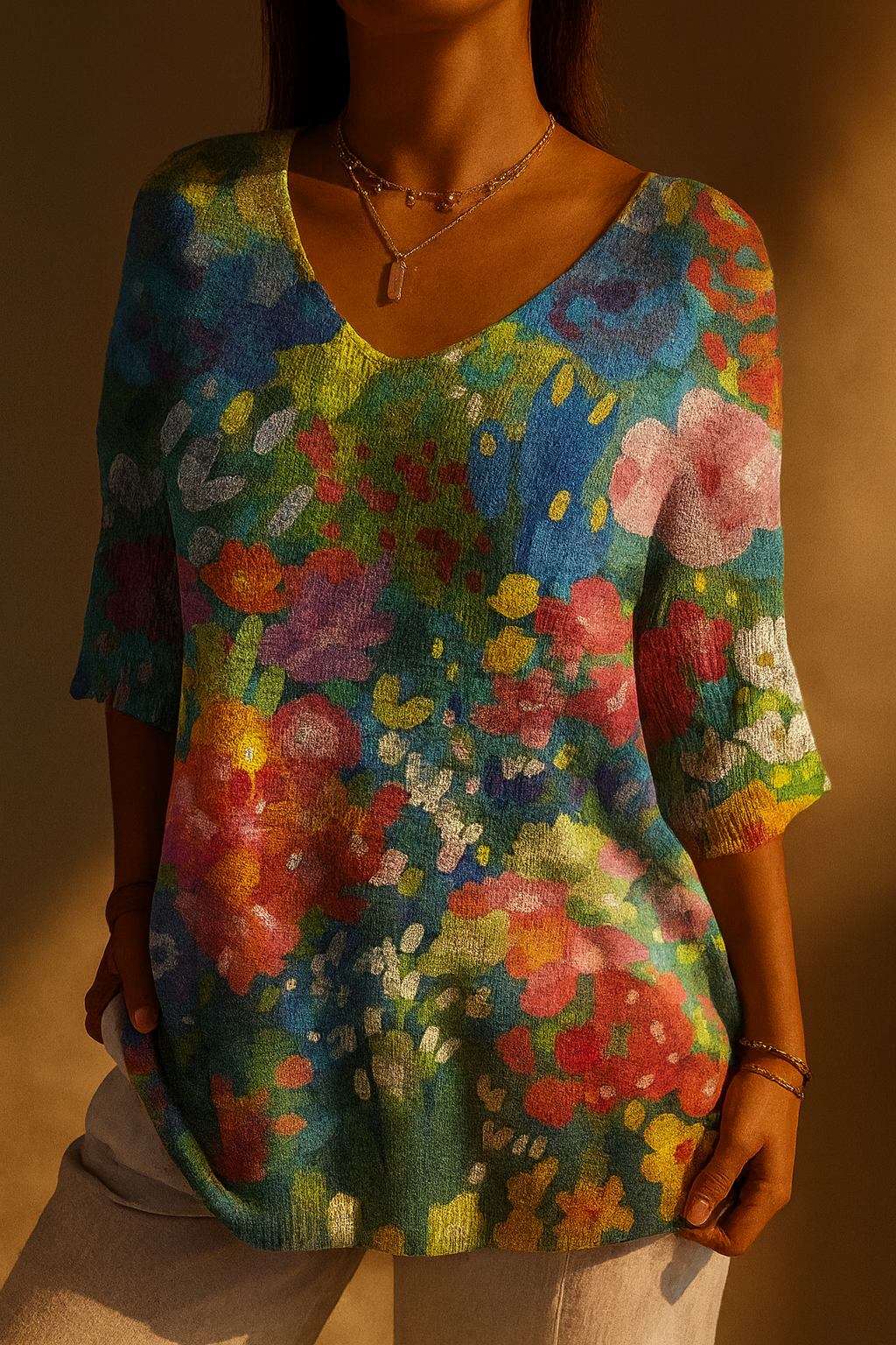 Reine | Vintage Lovely Floral Art Print Casual Pullover Knit
