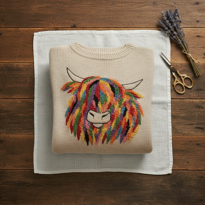 Gwendolyn – Highland Cow Graphic Knit Sweater