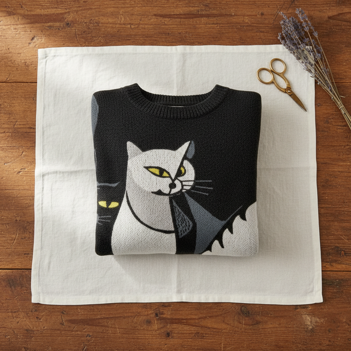 Winona – Artistic Cat Print Knit Sweater