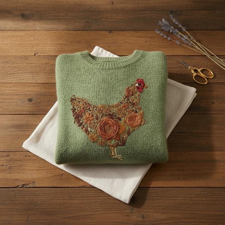 Cherie – Floral Hen Embroidered Knit Sweater