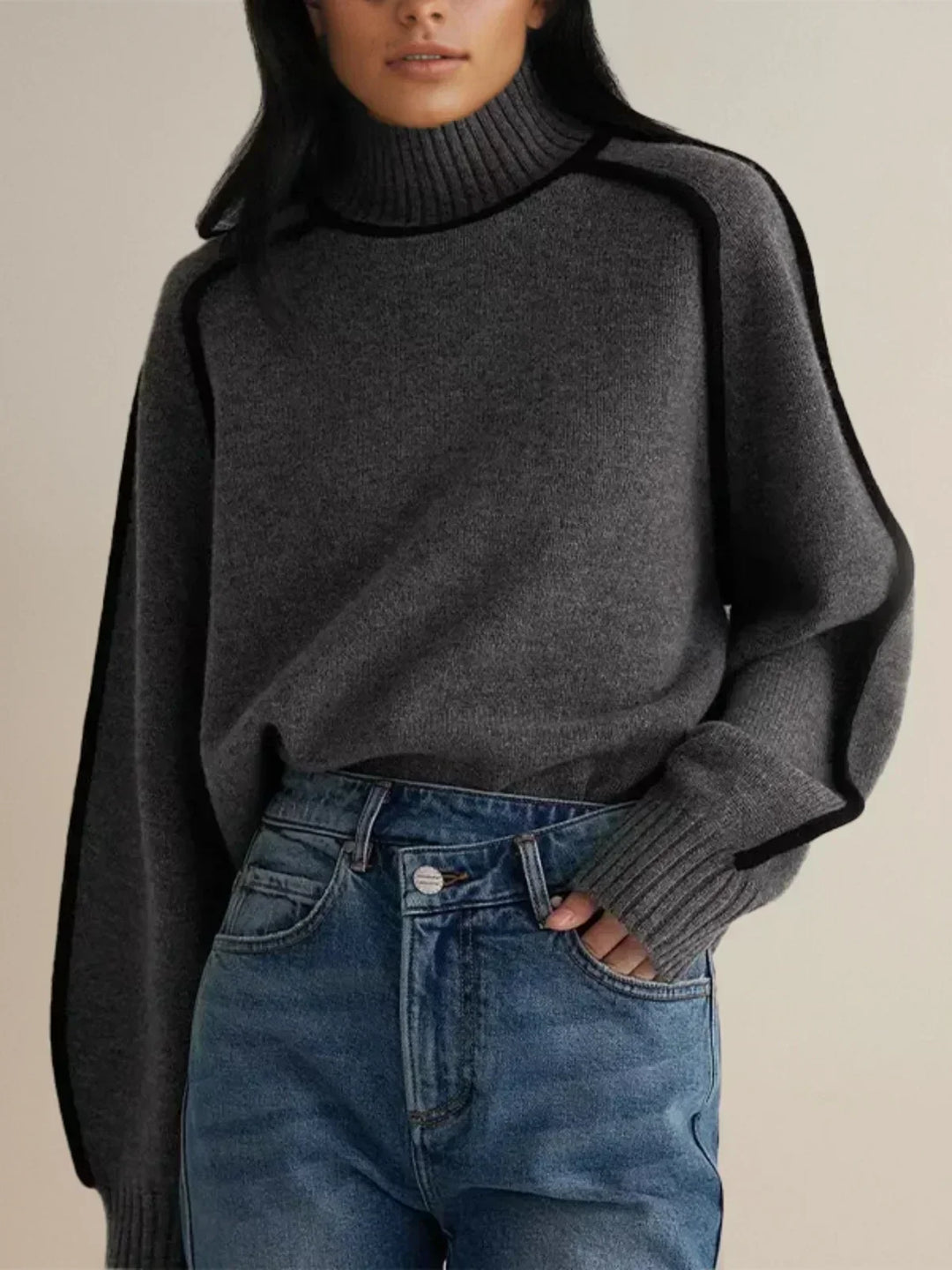 Amy – Contrast Piped Turtleneck Sweater