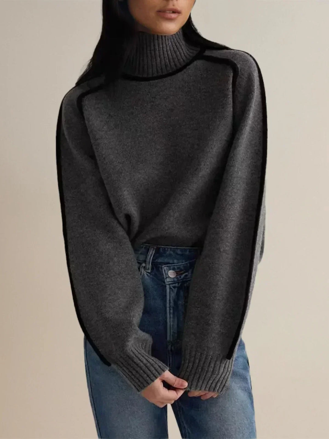 Amy – Contrast Piped Turtleneck Sweater