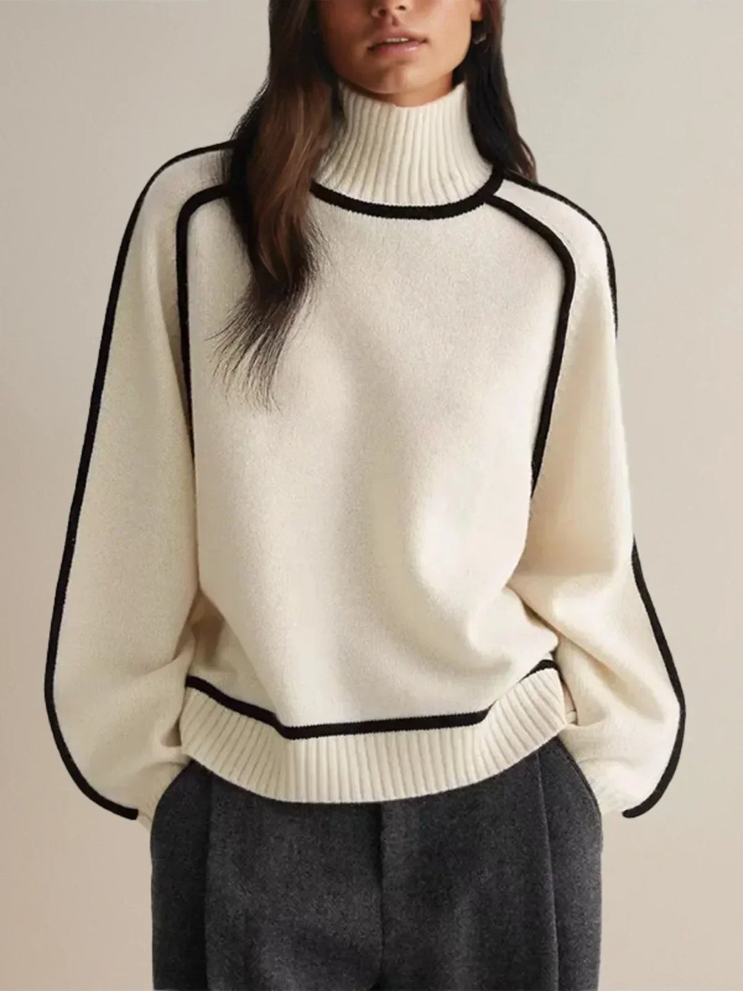 Amy – Contrast Piped Turtleneck Sweater