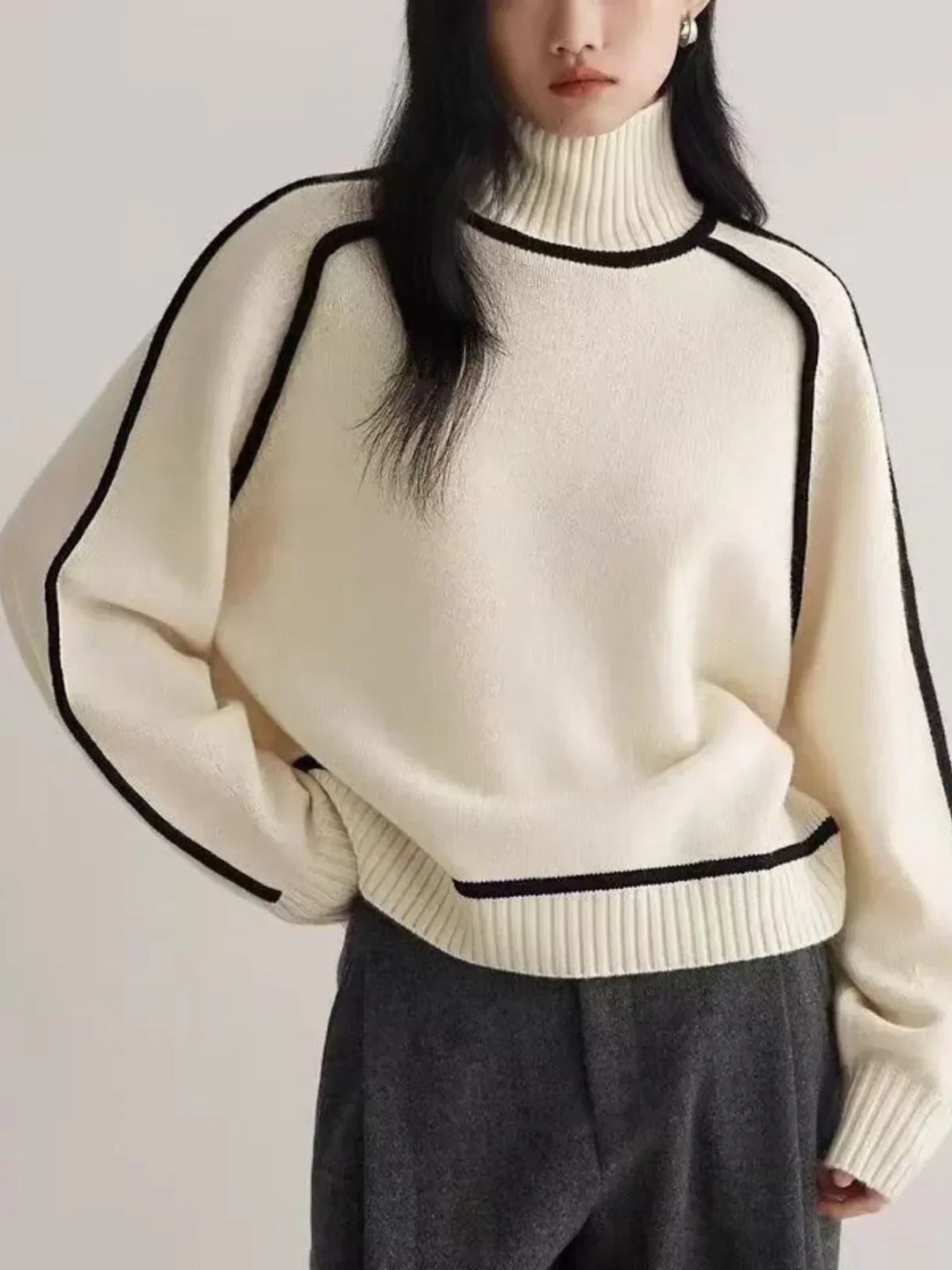 Amy – Contrast Piped Turtleneck Sweater