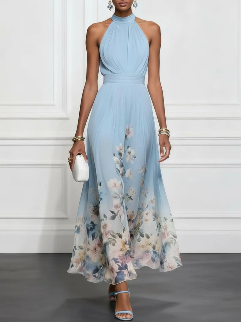 Penelope | Blue Floral Chiffon Halter Maxi Dress