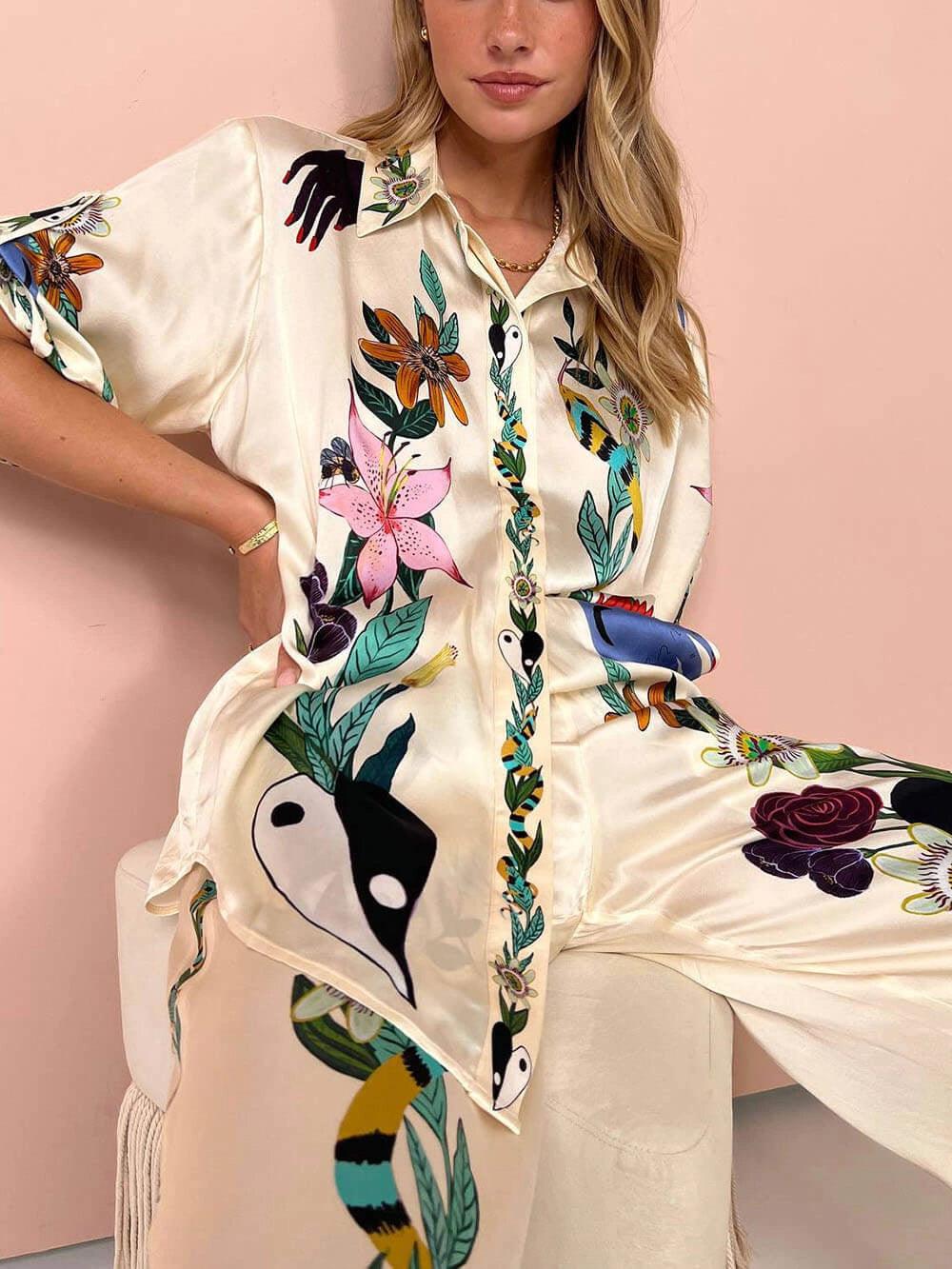 Starla | Resort Vibes Satin Unique Print Shirt & Pants Set Fit