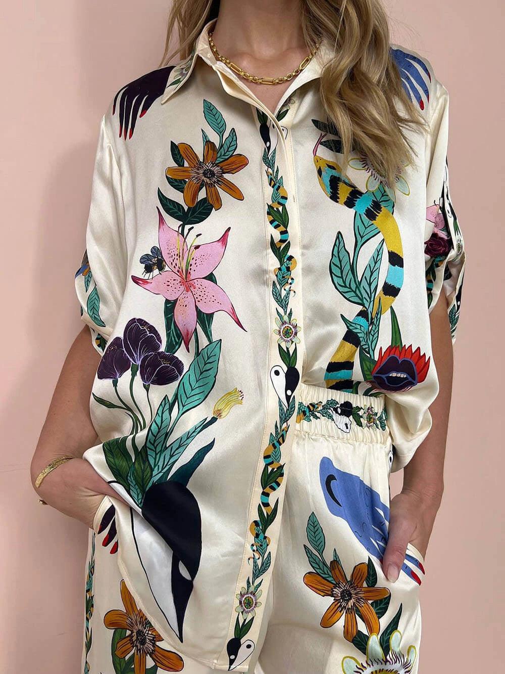Starla | Resort Vibes Satin Unique Print Shirt & Pants Set Fit