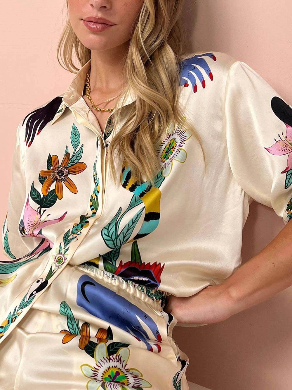 Starla | Resort Vibes Satin Unique Print Shirt & Pants Set Fit