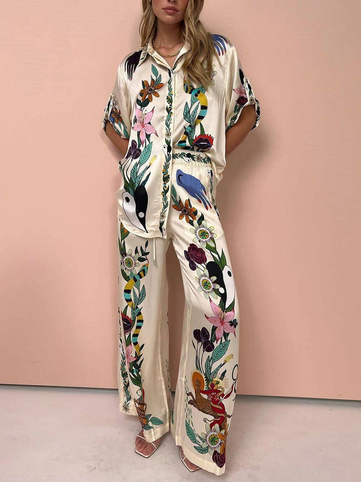 Starla | Resort Vibes Satin Unique Print Shirt & Pants Set Fit