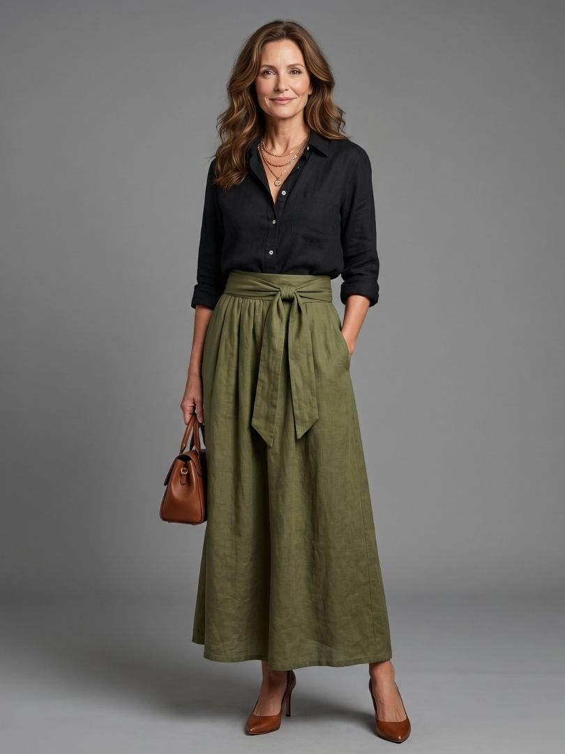 Greer | Two Piece Set Black Blouse Olive Green Midi Skirt