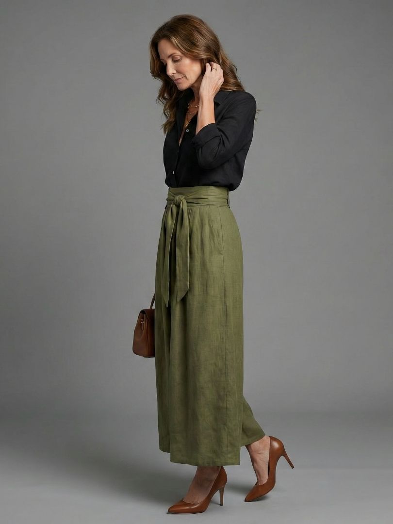 Greer | Two Piece Set Black Blouse Olive Green Midi Skirt