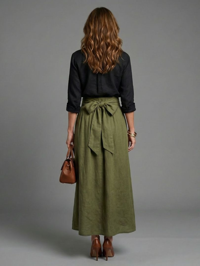 Greer | Two Piece Set Black Blouse Olive Green Midi Skirt