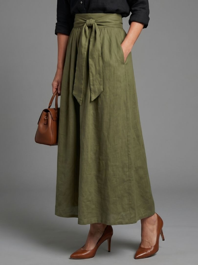 Greer | Two Piece Set Black Blouse Olive Green Midi Skirt