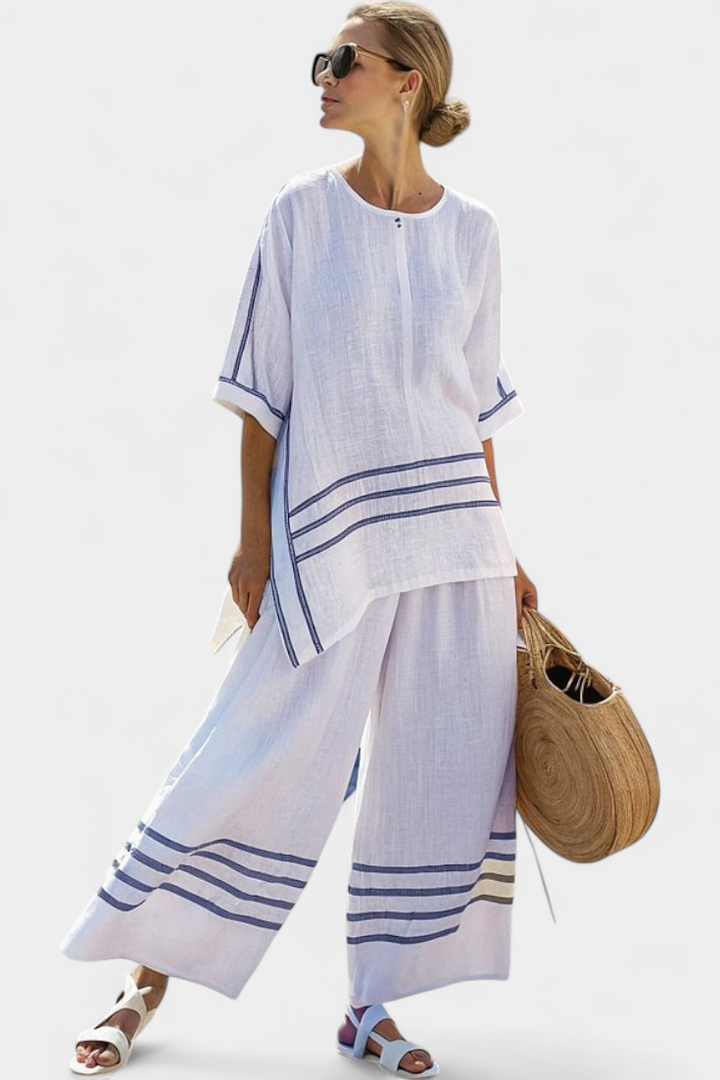 Adelyn | Sophisticated Striped Asymmetrical Top & Bold Pants