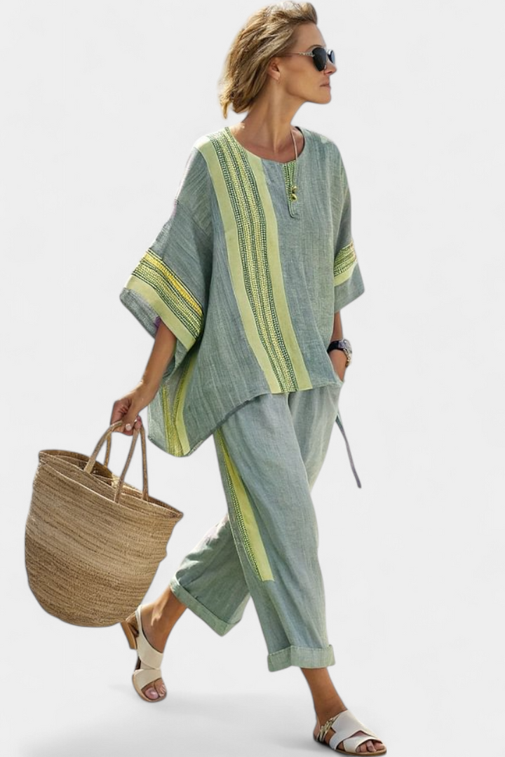 Marsha | Elegant Lavender Top & Mustard Striped Pants