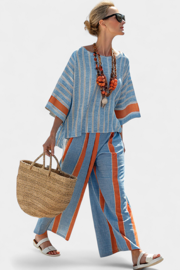 Kacie | Sophisticated Terracotta Striped Top & Linen Pants
