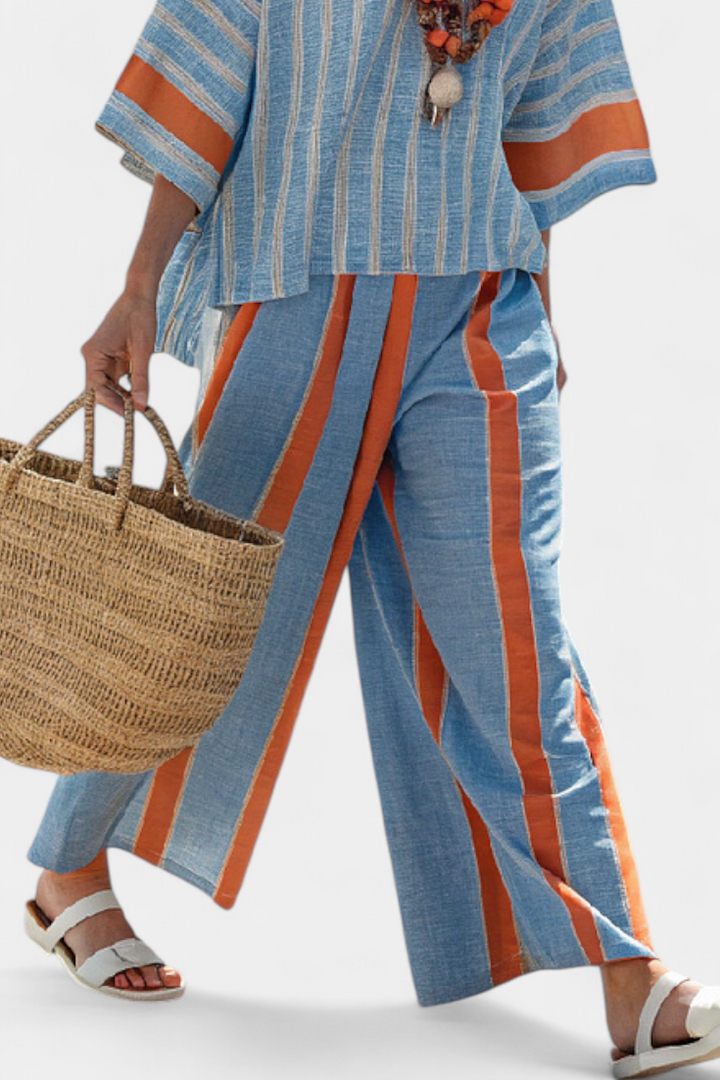 Kacie | Sophisticated Terracotta Striped Top & Linen Pants