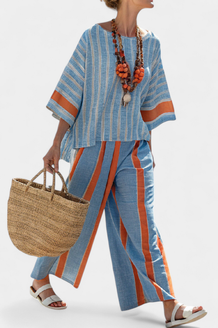 Kacie | Sophisticated Terracotta Striped Top & Linen Pants