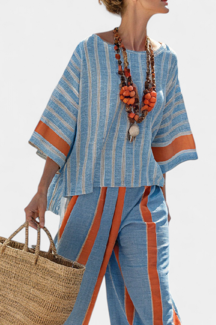 Kacie | Sophisticated Terracotta Striped Top & Linen Pants