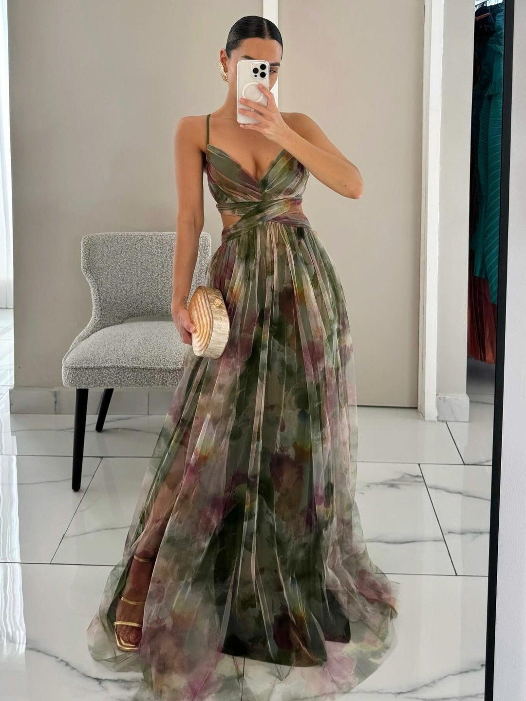 Sydnee | Painted Floral Print V-Neck Maxi Dress