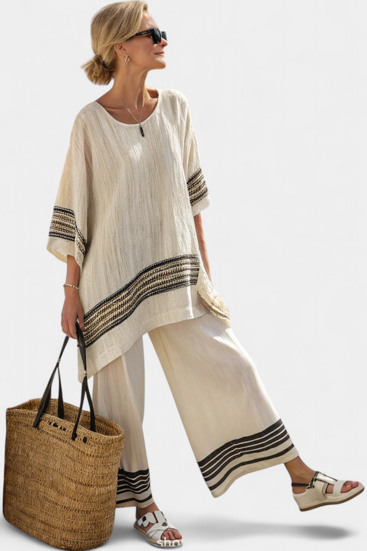 Brooklynn | Elegant Black-Striped Linen Top & Flowing Pants