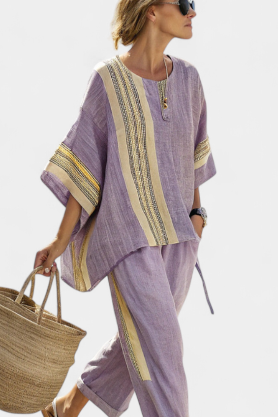 Marsha | Elegant Lavender Top & Mustard Striped Pants