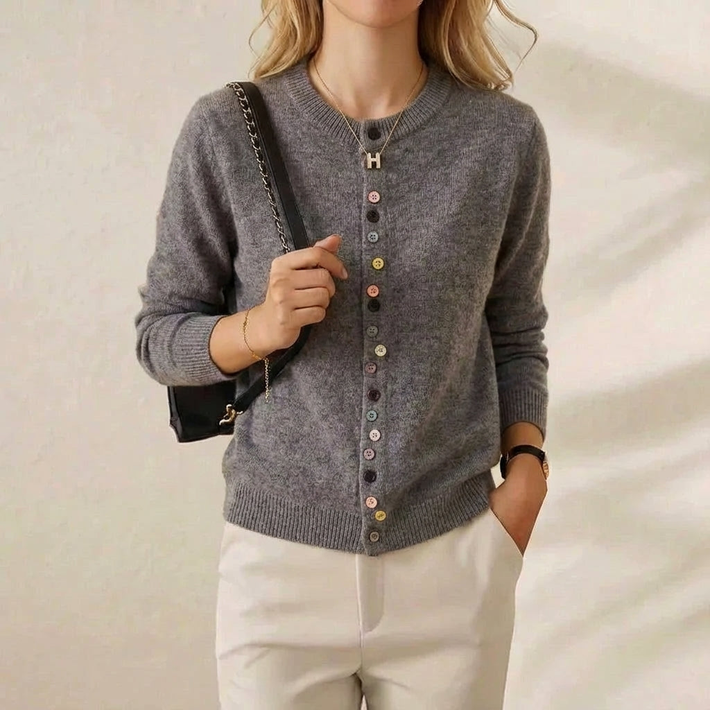 Merle – Crew Neck Cardigan with Multicolor Buttons