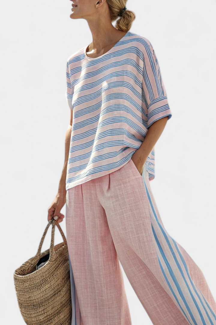 Annika | Elegant Pink-Blue Linen Blouse & Soft Pants
