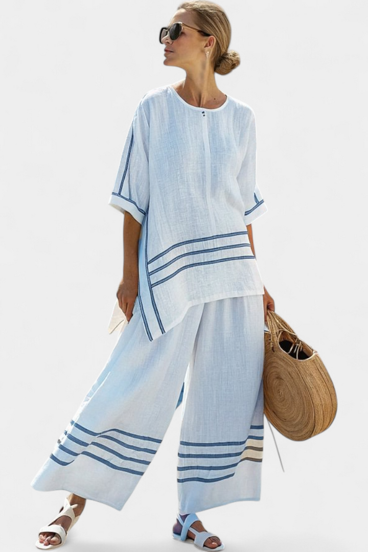 Adelyn | Sophisticated Striped Asymmetrical Top & Bold Pants