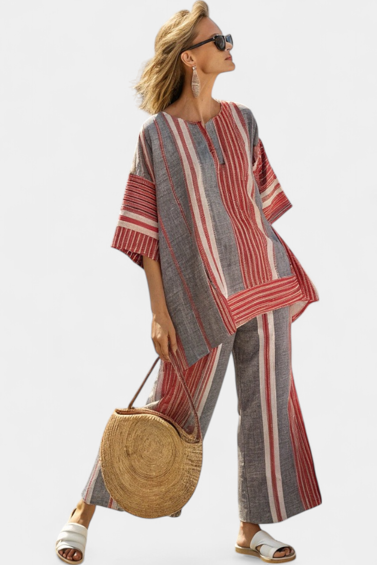Kit | Elegant Coral-Gray Linen Top & Wide-Leg Pants