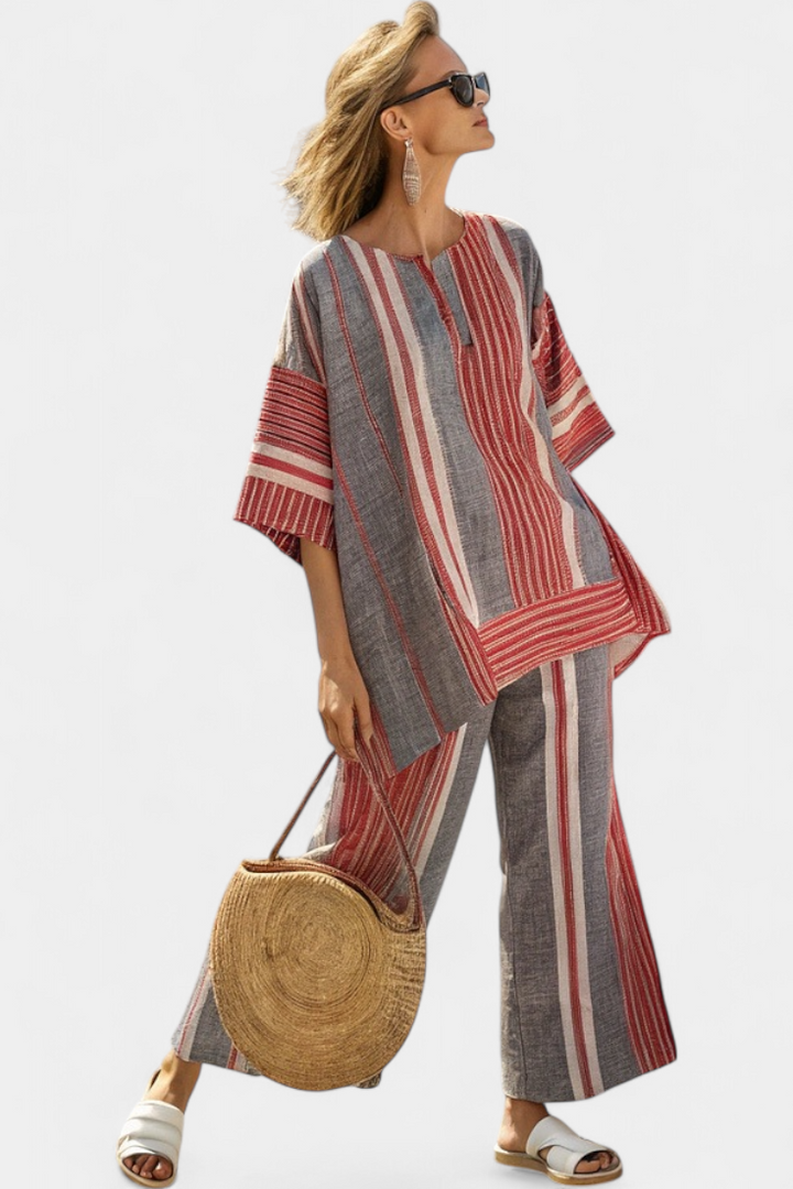 Kit | Elegant Coral-Gray Linen Top & Wide-Leg Pants