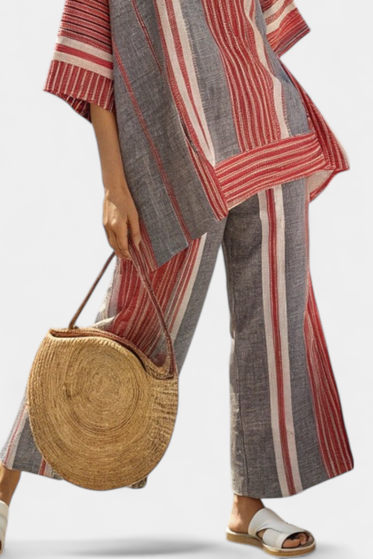 Kit | Elegant Coral-Gray Linen Top & Wide-Leg Pants