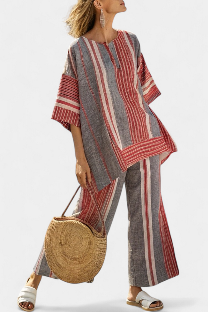 Kit | Elegant Coral-Gray Linen Top & Wide-Leg Pants