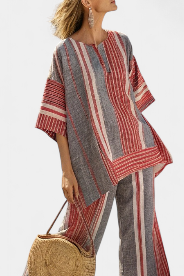 Kit | Elegant Coral-Gray Linen Top & Wide-Leg Pants