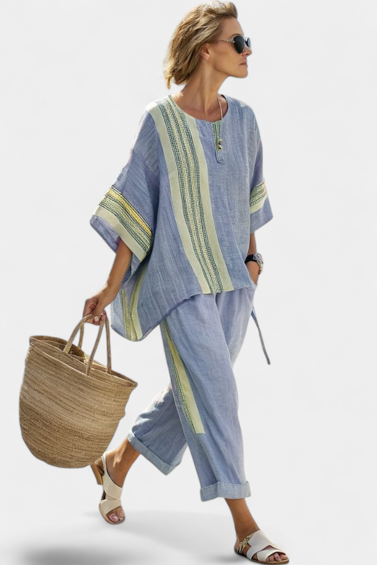 Marsha | Elegant Lavender Top & Mustard Striped Pants