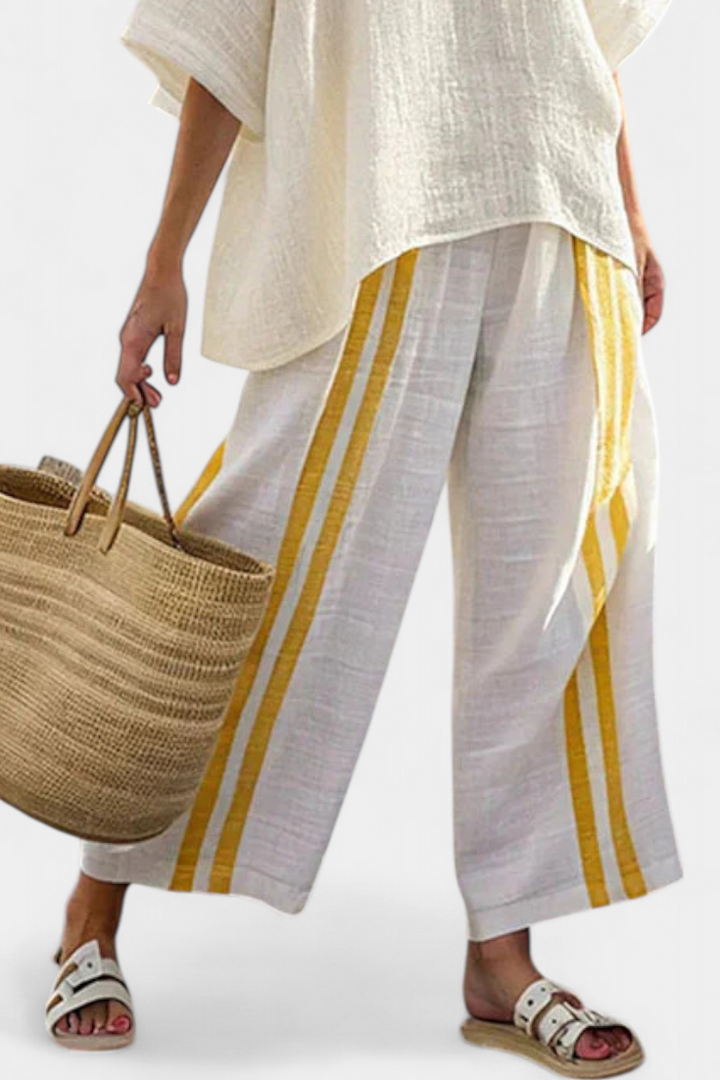 Joelle | Elegant Yellow Striped Linen Top & Wide-Leg Pants